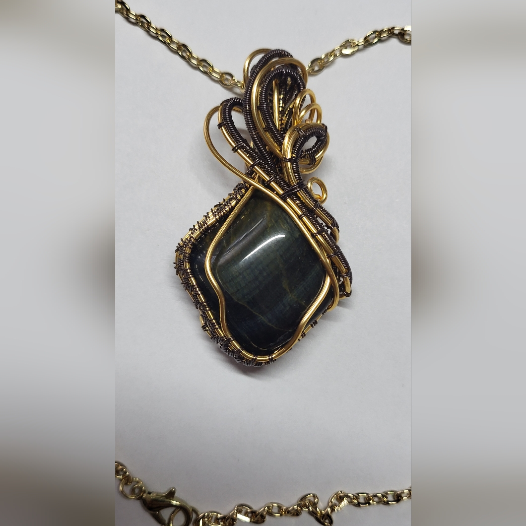 Blue Tiger's Eye (Falcon's Eye)Hsndmade Wrapped Wire Necklace Pendant